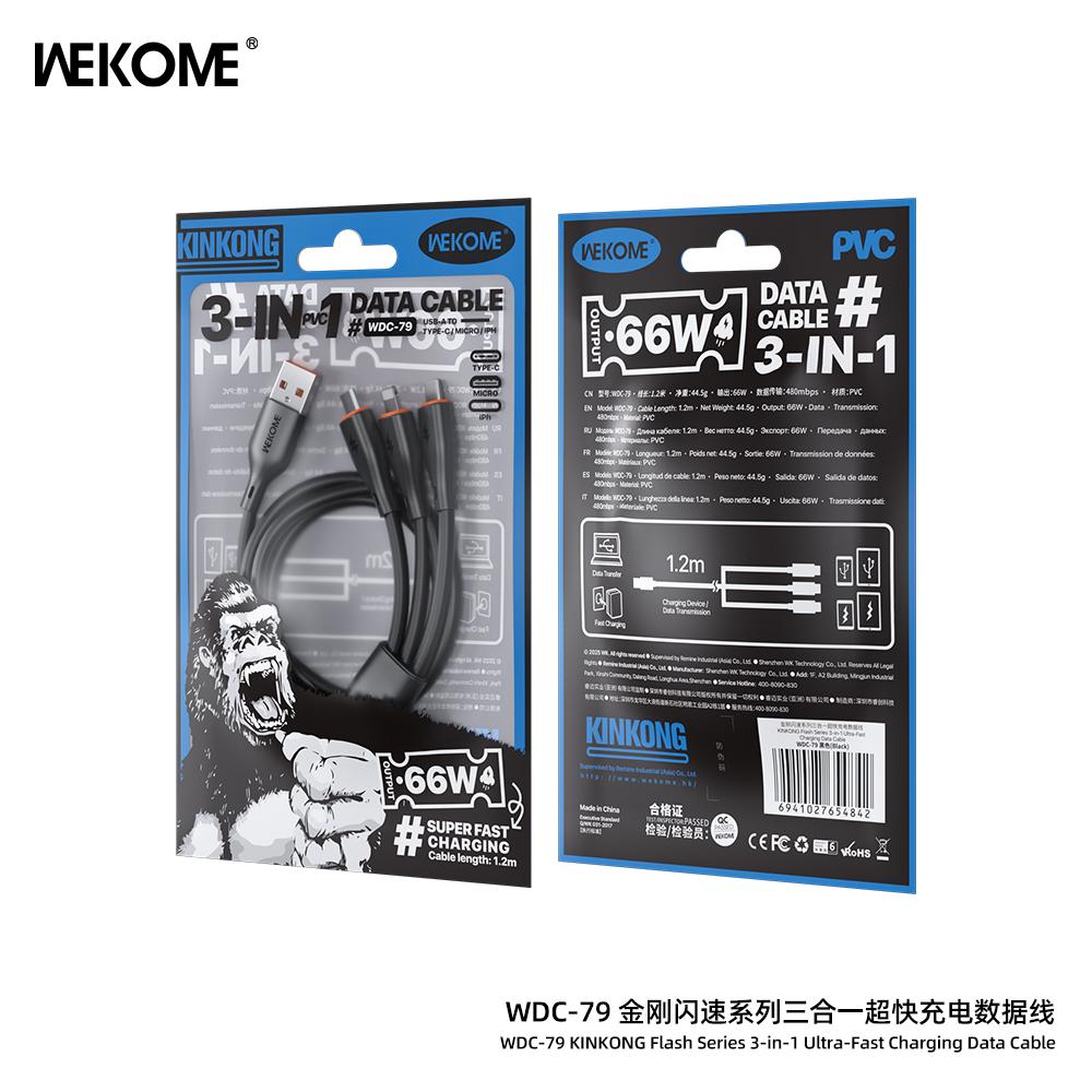 Wekome WDC-79 3-in-1 66W KINKONG Flash Series Ultra-Fast Data Cable - Black - Image 3