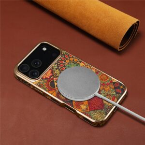 iPhone 17 Pro DENIOR Pattern Printed Electroplating Leather Cover – Yellow