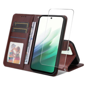 Xiaomi Redmi 15 5G ENKAY HAT PRINCE Leather Wallet Cover with Tempered Glass – Brown