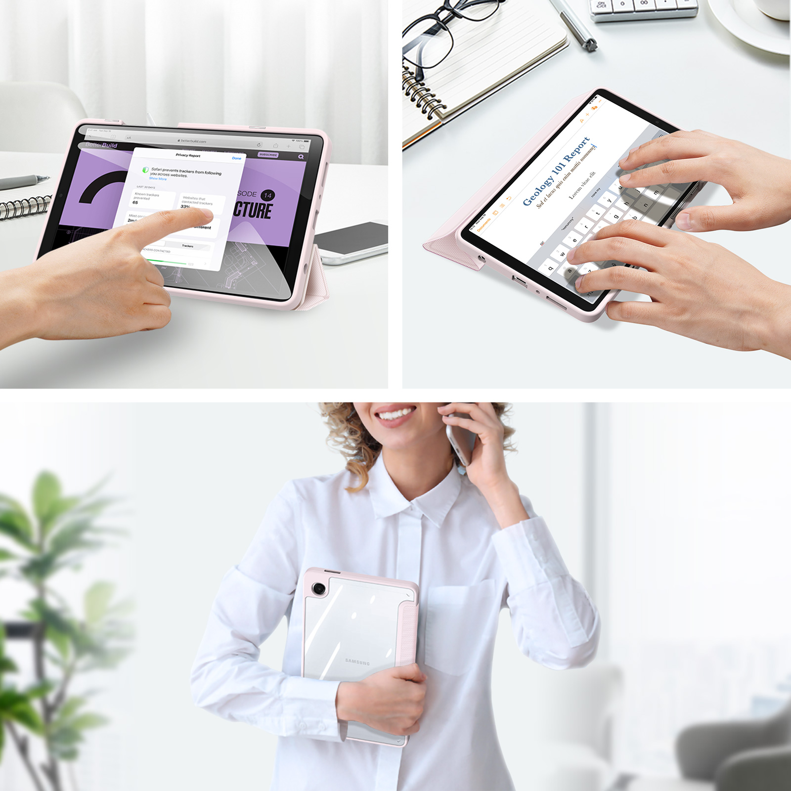 Samsung Galaxy Tab A11/Tab A9 DUX DUCIS TOBY Series Tri-fold Stand PU Leather Cover - Pink - Image 4