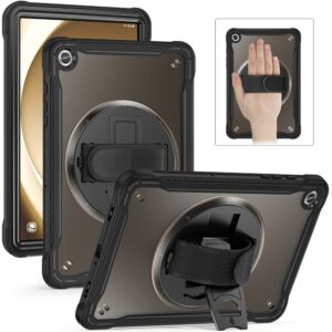 Samsung Galaxy Tab A9+ PC+TPU Rotary Kickstand Cover with Hand Strap – Transparent Black
