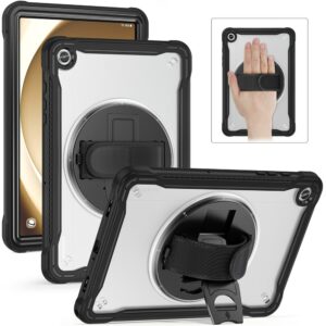 Samsung Galaxy Tab A9+ PC+TPU Rotary Kickstand Cover with Hand Strap  – Transparent
