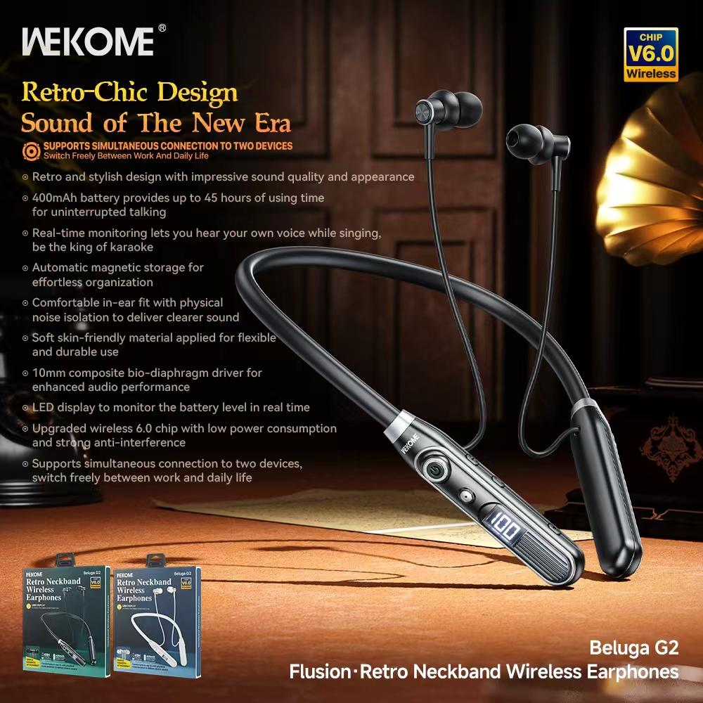 Wekome Beluga G2 Flusion Retro Neckband Wireless Earphones - Black - Image 2