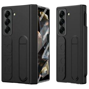 Samsung Galaxy Z Fold 6 Kickstand Wristband PC Cover with Tempered Glass Film – Black