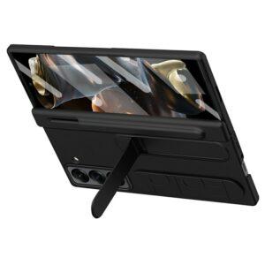 Samsung Galaxy Z Fold 6 Kickstand Wristband PC Cover with Tempered Glass Film – Black