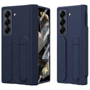 Samsung Galaxy Z Fold 6 Kickstand Wristband PC Cover with Tempered Glass Film – Blue