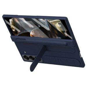 Samsung Galaxy Z Fold 6 Kickstand Wristband PC Cover with Tempered Glass Film – Blue