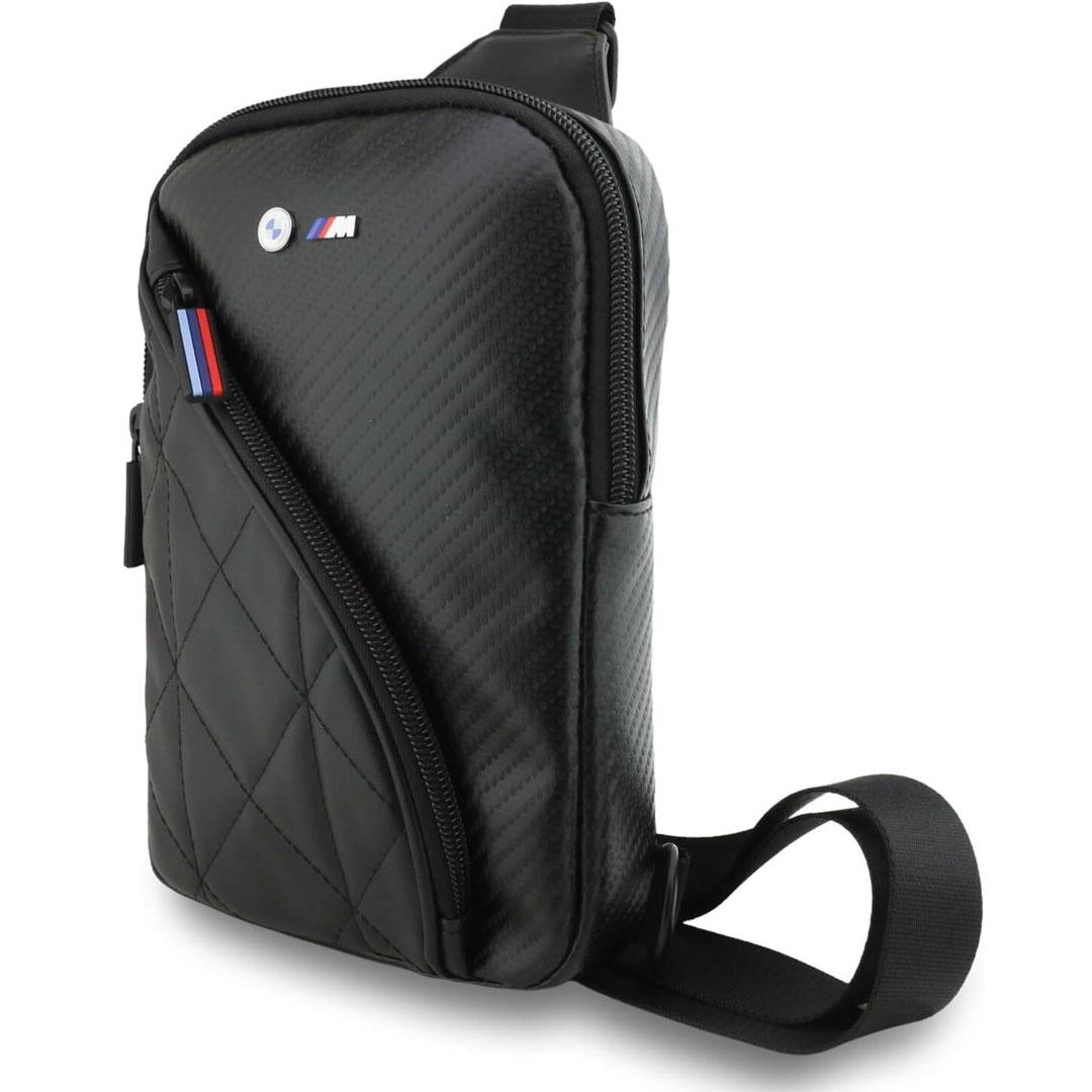 BMW PU Leather & Carbon Crossbody Bag With Metal logo - Black
