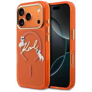 iPhone 17 Pro Max Karl Lagerfeld Magsafe IML With Choupette Scripted Logo Cover – Orange