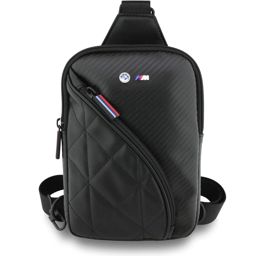 BMW PU Leather & Carbon Crossbody Bag With Metal logo - Black - Image 3