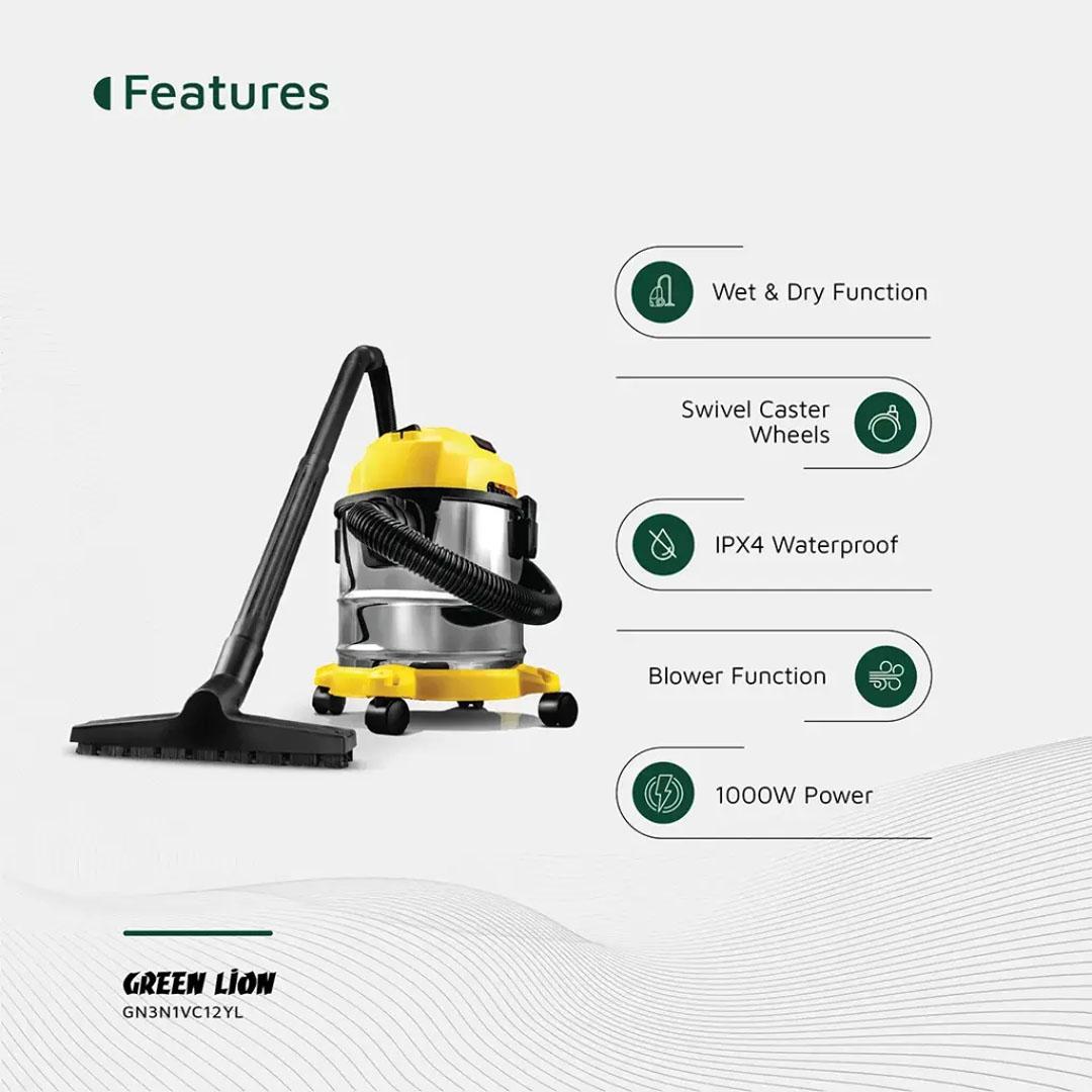 Green Lion Ultra 3 In 1 Vacuum Cleaner 12L 1000W - Yellow GN3N1VC12YL - Image 2