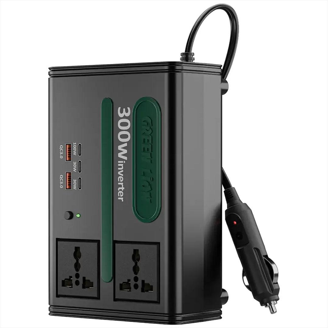 Green Lion GC-300 7-in-1 300W 2 USB-A 3 USB-C Ports Car Inverter - Black GNGC300PINBK