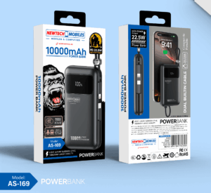 NewTech AS-169 10000mAh 22.5W Power Bank with Lightning & Type-C Cables – Black