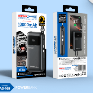 NewTech AS-169 10000mAh 22.5W Power Bank with Lightning & Type-C Cables – Black
