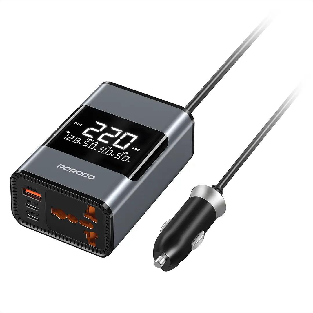Porodo DriveStation 200W Car Power Inverter Universal Plug - Grey PDFWCH067GY