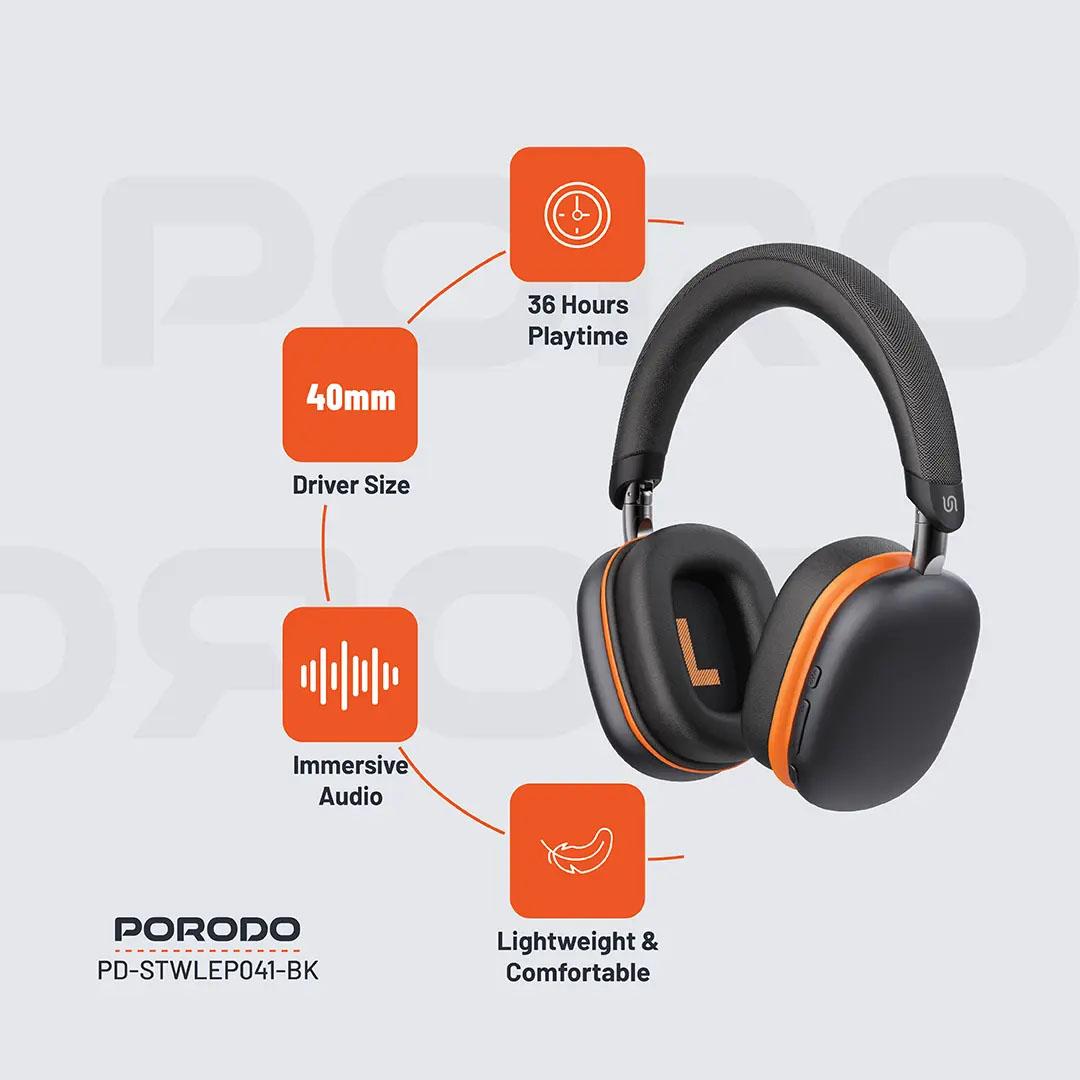 Porodo Soundtec Vibe Wireless Bluetooth Headphone - Black PDSTWLEP041BK - Image 2