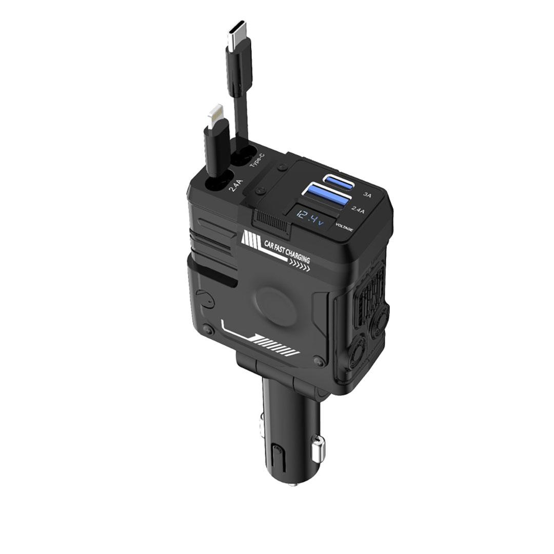 Porodo 66W Car Charger Dual Retractable Cables + USB-A / TYPE-C port - Black PDFWCH029BK