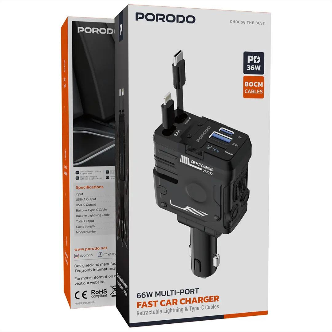 Porodo 66W Car Charger Dual Retractable Cables + USB-A / TYPE-C port - Black PDFWCH029BK - Image 3