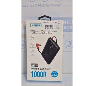 Veger VP-1215 Powerbank 10000mAh + PD20W Charging + LED Screen + Built-in Type-C Cable – Black