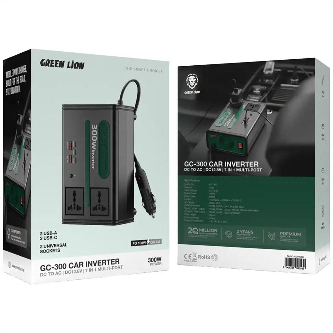 Green Lion GC-300 7-in-1 300W 2 USB-A 3 USB-C Ports Car Inverter - Black GNGC300PINBK - Image 2