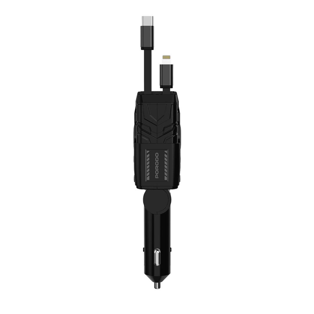 Porodo 66W Car Charger Dual Retractable Cables + USB-A / TYPE-C port - Black PDFWCH029BK - Image 4