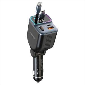 Porodo 65W Car Charger Dual Retractable Cables + USB-A / TYPE-C port – Black PDFWCH068BK