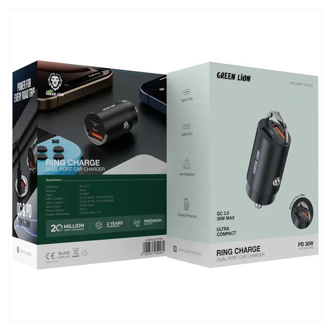 Green Lion Ring Charge Dual Port Car Charger PD 36W C to C 1M Cable - Black GNRNGCDPCCBK - Image 2