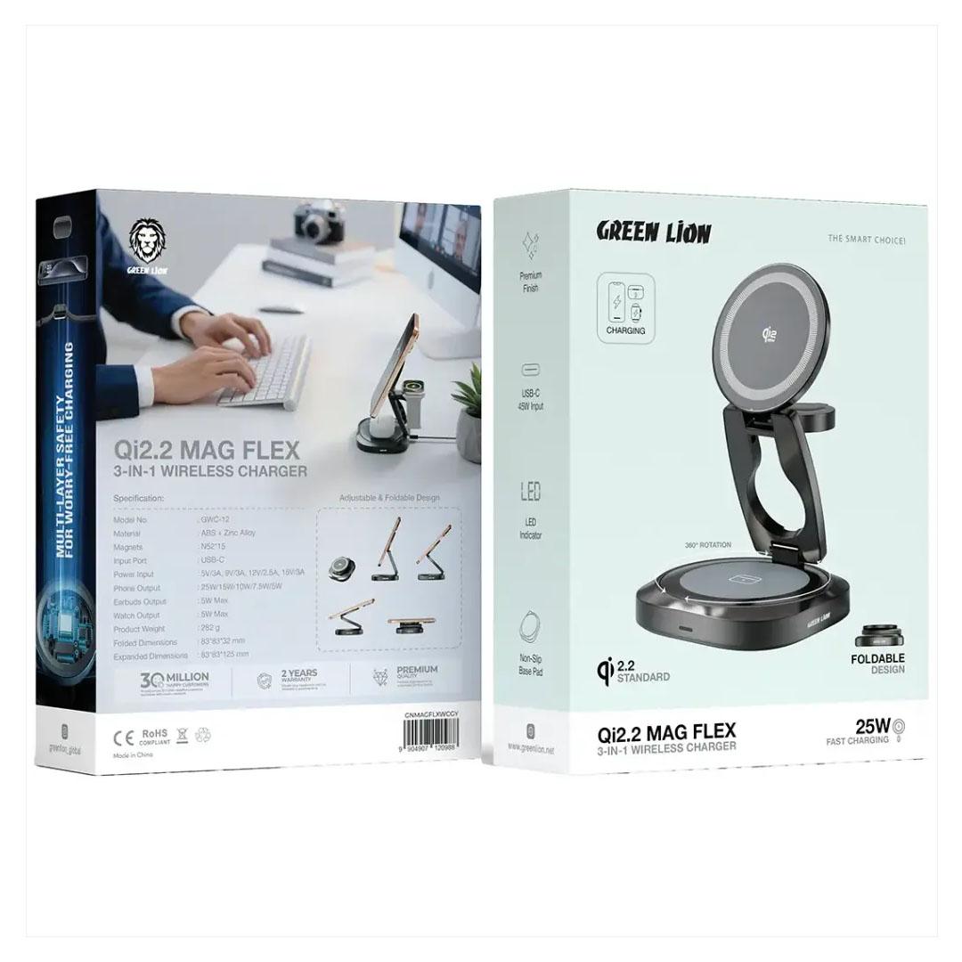 Green Lion Qi2.2 Mag Flex Foldable 3-in-1 Wireless 25W Charger Grey GNMAGFLXWCGY - Image 2
