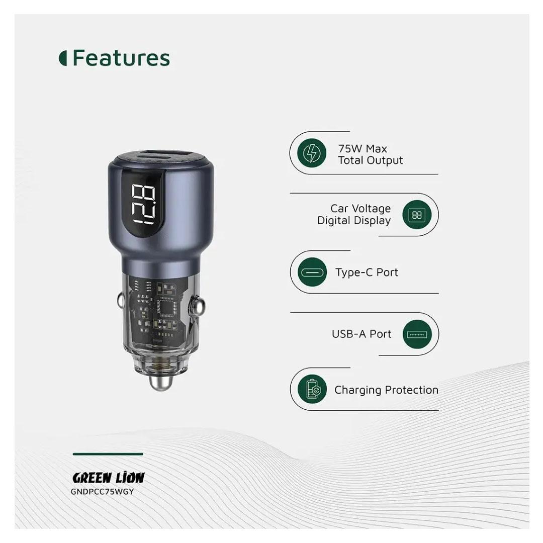 Green Lion Dual Port Car Charger PD+QC 75W Type-C to C 1m Cable - Gray GNDPCC75WCGY - Image 3
