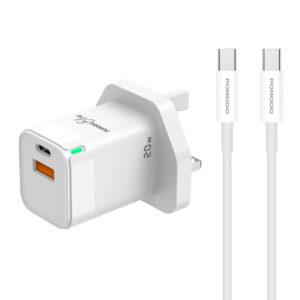 Porodo Blue 20W Charger USB-A to USB-C with 1m Type-C to C Cable – White PB-FWCH036-WH-C