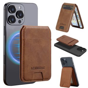 LC.IMEEKE Kickstand Magnetic Phone Card Holder RFID Blocking Leather Card Slots – Brown