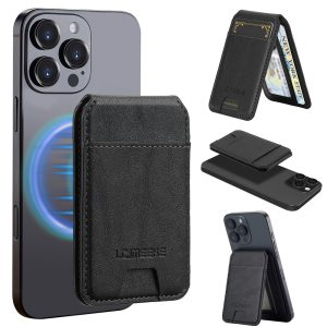 LC.IMEEKE Kickstand Magnetic Phone Card Holder RFID Blocking Leather Card Slots – Black
