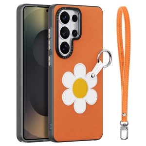 Samsung Galaxy S26 Ultra DUX DUCIS Luvy Series PU Leather Finger Ring/Strap – Warm Orange & Daisy