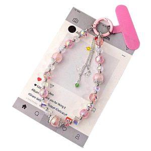 Beaded Phone Wrist Strap 26cm Phone Lanyards with Tether Tab – Pink
